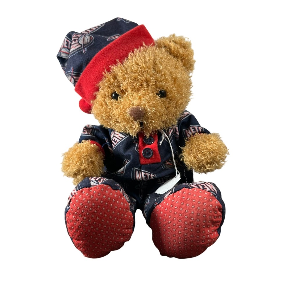 Vintage 90s Nets Basketball Teddy Bear Pajamas‎ Hat Plush Toy NBA Collectible